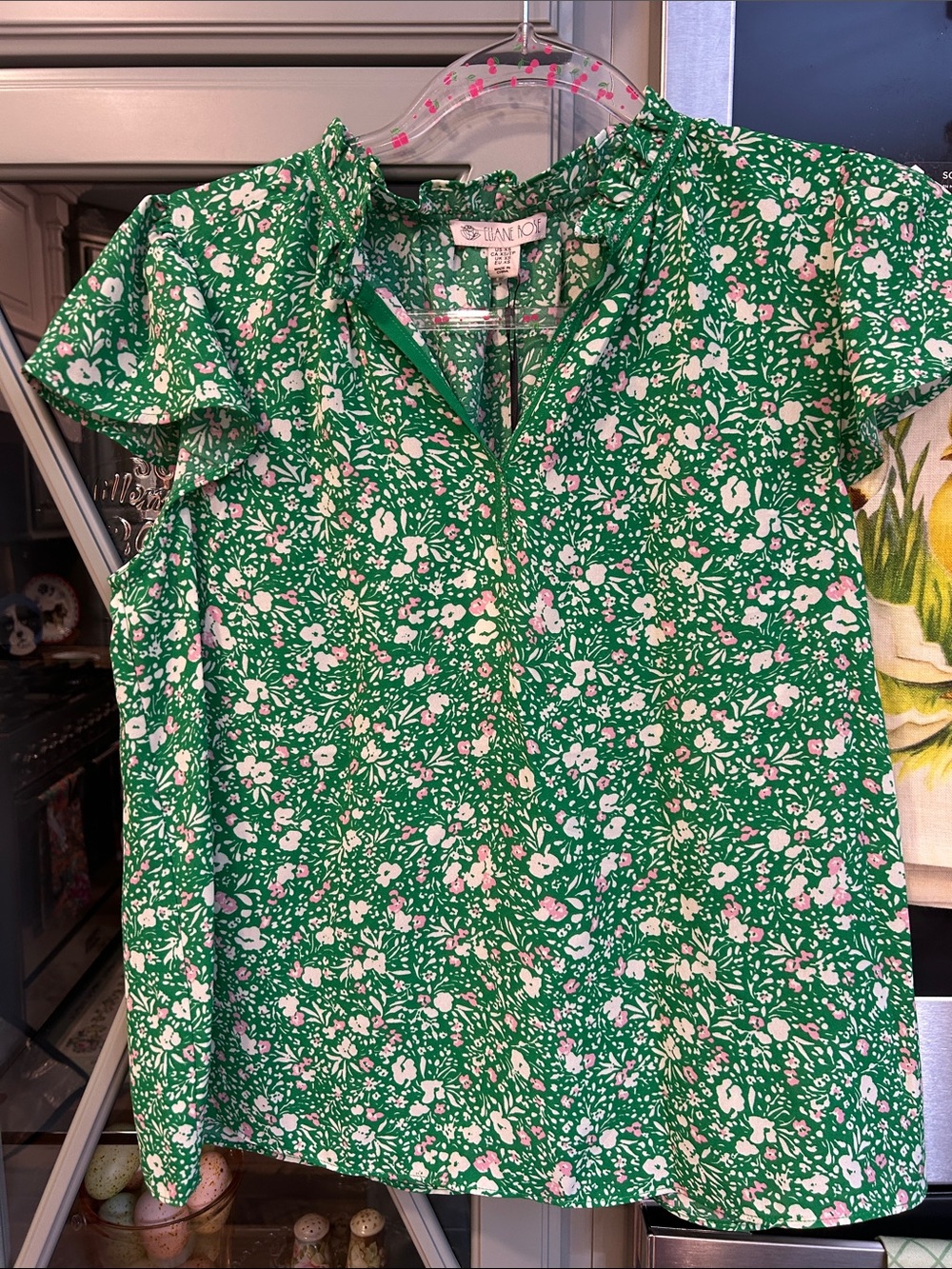 Green Floral Ruffle-Sleeve Blouse